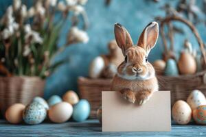 Cute rabbit with message card surrounded by colorful Easter eggs in a festive spring setting photo