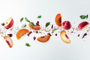 Colorful fruits and herbs splashing in mid-air create an artistic culinary display in a bright setting photo