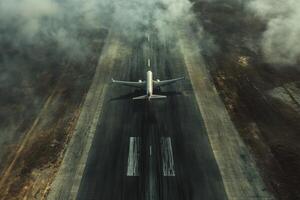 Aircraft taking off on runway surrounded by fog during early morning hours photo