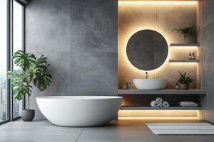 Modern bathroom design featuring a freestanding tub and sleek vanity with natural light photo