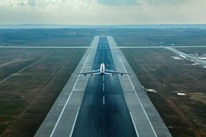 Airplane taking off from a runway under a cloudy sky in a vast landscape photo