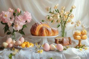Celebrate spring with a delightful spread of pastries, flowers, and eggs on a pastel-themed table photo
