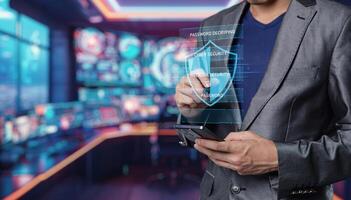 A man in a suit holding a tablet with a digital screen on it photo