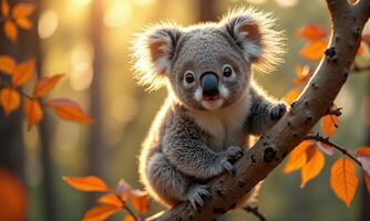 Adorable koala tree branch autumn leaves golden sunlight photo