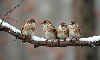 Small sparrows tree branch winter scene soft background photo