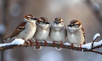 Small sparrows tree branch winter scene soft background photo