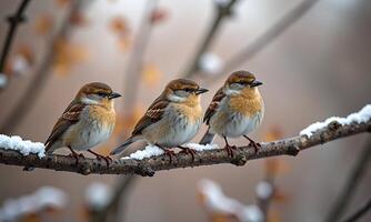Small sparrows tree branch winter scene soft background photo