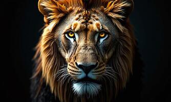 Majestic lion portrait intense golden eyes fierce expression photo