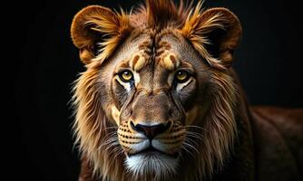 Majestic lion portrait intense golden eyes fierce expression photo