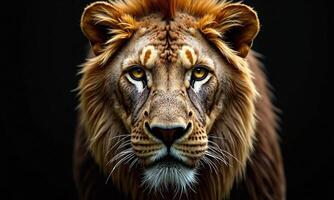Majestic lion portrait intense golden eyes fierce expression photo