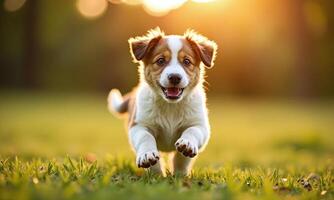 Adorable puppy running golden hour sunlight bokeh background photo