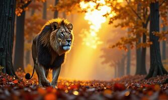 majestic lion golden hour forest autumn colors backlit photo