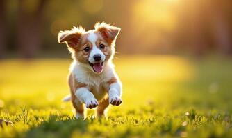 Adorable puppy running golden hour sunlight bokeh background photo