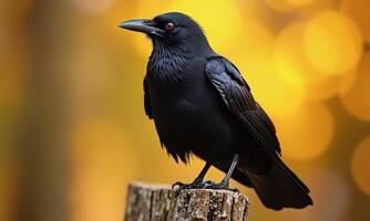 Black crow perched on weathered wood sharp beak photo