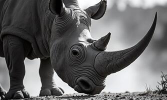Black and white photography close up rhinoceros portrait photo