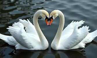 Pair of white swans heart shape symmetrical composition photo