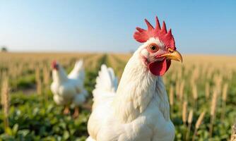 White chicken vibrant red comb grassy field blue photo