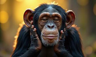 Close up portrait of chimpanzee eyes closed hands photo