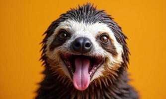 Smiling sloth portrait vibrant background studio lighting photo