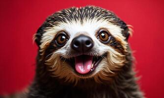 Smiling sloth portrait vibrant background studio lighting photo