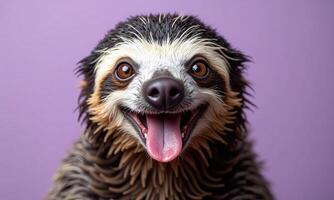 Smiling sloth portrait vibrant background studio lighting photo