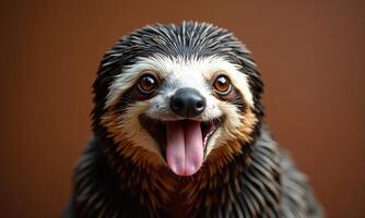 Smiling sloth portrait vibrant background studio lighting photo