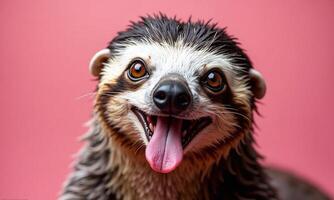Smiling sloth portrait vibrant background studio lighting photo
