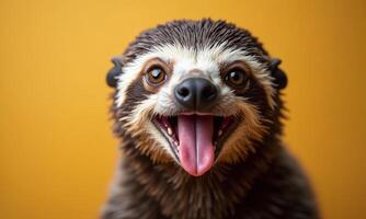 Smiling sloth portrait vibrant background studio lighting photo