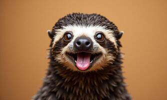 Smiling sloth portrait vibrant background studio lighting photo