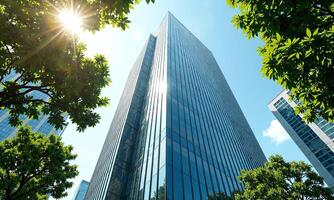 Modern glass skyscraper reflective windows lush green trees photo