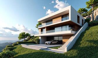 Modern luxury house hillside setting contemporary architecture glass photo