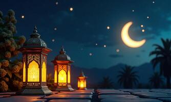Islamic lanterns ornate crescent moon glowing lights night photo