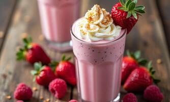 Strawberry milkshake whipped cream topping fresh strawberries raspberries photo