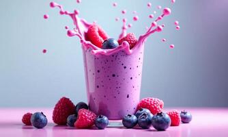 Vibrant berry smoothie splash Blueberries and raspberries Creamy photo