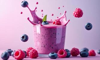 Vibrant berry smoothie splash Blueberries and raspberries Creamy photo