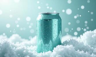 Cold beverage can condensation droplets frosty background soft photo