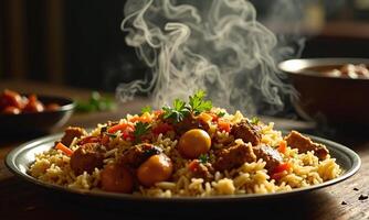 Steaming hot biryani aromatic basmati rice tender meat photo