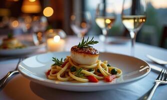 Fine dining gourmet dish scallop pasta vegetables rosemary photo