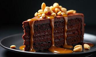 Decadent chocolate cake dripping caramel sauce assorted nuts photo
