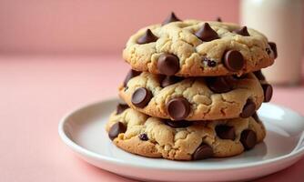Chocolate chip cookies stack of three white ceramic photo