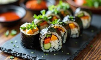 Vegetarian sushi rolls colorful vegetable filling nori seaweed photo