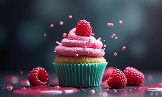 Cupcake with pink raspberry frosting Splash of raspberry photo