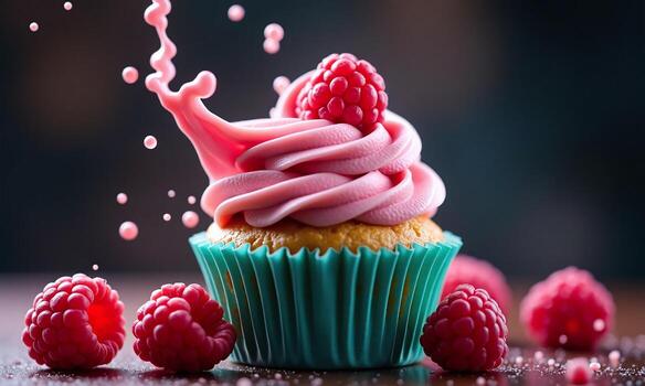 Cupcake with pink raspberry frosting Splash of raspberry photo