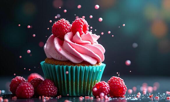 Cupcake with pink raspberry frosting Splash of raspberry photo