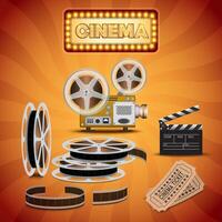 Cinema concept clapboard and film roll 3d rendering image on orange background. vector