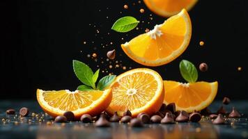 Orange slices falling vibrant citrus mint leaves chocolate photo