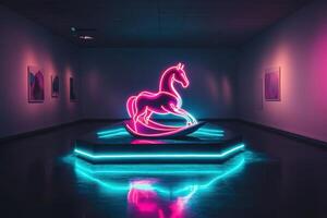 A vibrant neon horse sculpture stands at the center of a contemporary art gallery. The glowing colors create a striking visual effect against the minimalist walls and floor, illuminating the space. photo