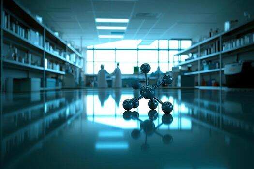 A molecule model stands prominently in the foreground of a laboratory filled with equipment. Two researchers in lab coats are visible in the background, engaged in discussion by large windows. photo