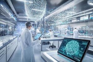 A group of scientists in white lab coats collaborates in a high-tech laboratory. They utilize advanced equipment and digital displays featuring complex data and intricate designs. photo