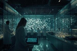 A group of researchers in lab coats is engaged in scientific work within a modern laboratory. Advanced technology features prominently, with glowing screens displaying complex data and networks. photo